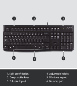 Logitech K120 Wired Keyboard for Windows, USB Plug-and-Play, Full-Size, Spill-Resistant, Curved Space Bar, Compatible with PC, Laptop